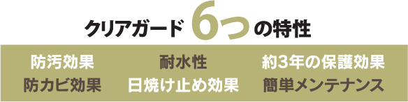 クリアガード６つの特性｜防汚効果、耐水性、約３年の保護効果、防カビ効果、日焼け止め効果、簡単メンテナンス